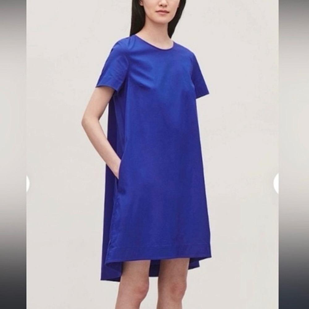 New COS Royal Blue Cotton Blend Trapeze Shirt Dress Size 6